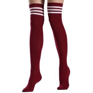 Burgundy White Stripe Thigh High Socks Retro Knee High Style